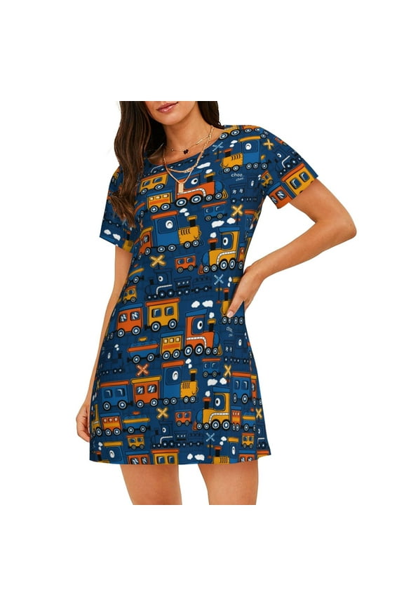 Funny Steam Train Print Women’s Nightdress – Cozy Cotton Short-sleeved Sleep Shirt, Loose-Fit Sleepwear, Perfect for Relaxing and Sleeping