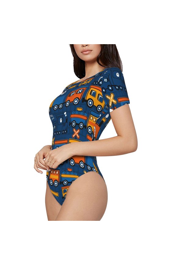 Funny Steam Train Printed Women Rash Guard Short Sleeve,Tummy control Swimsuit Surfing Swimsuit Bathing Suit Short-sleeved Onesie UPF 50+