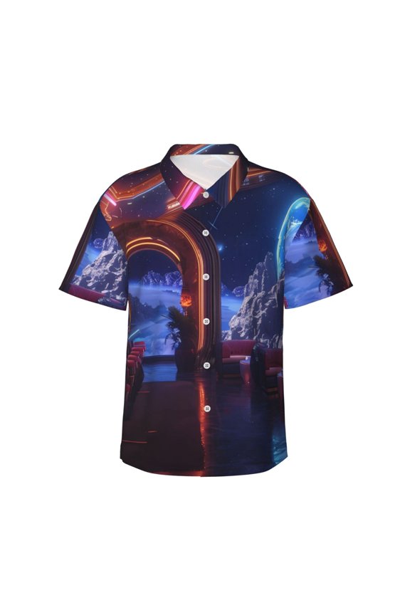 Futuristic Bar Space View Pattern Men’s Hawaiian Shirt – Short Sleeve Button-Down Tropical Beach Shirt, Lightweight & Breathable Casual Aloha Shirt with Pocket,Medium
