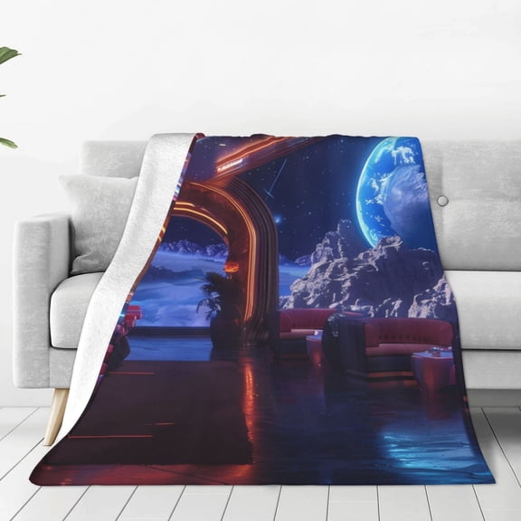 Rateoe Futuristic Bar Space View Print Fuzzy Fleece Throw Blanket Extra Large,Super Soft,Fluffy and Warm Blankets for Couch,Bed,All Season Use (40"x30")