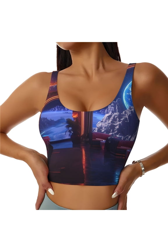 Futuristic Bar Space View Print Womens' Sports Bras Scoop Neck Sports Vest- Padded U Back Seamless High Impact Support-X-Large