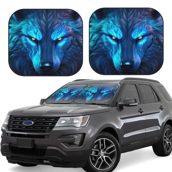 Rateoe Futuristic Blue Light Wolf Pattern 2 Piece Car Windshield Sun Shade Foldable | Front Windshield Shade for Sun, Heat and UV Rays | Sunshade for Car Front Window-Large