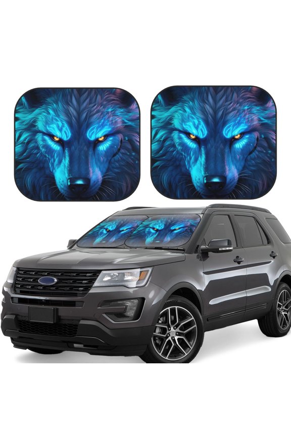 Futuristic Blue Light Wolf Pattern 2 Piece Car Windshield Sun Shade Foldable | Front Windshield Shade for Sun, Heat and UV Rays | Sunshade for Car Front Window-Large
