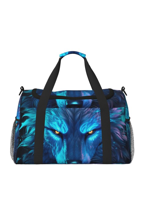 Futuristic Blue Light Wolf Pattern Gym Bag for Women, Duffle Bag for Travel with Wet Pocket, Carry on Weekender Bags for Women, Water Resistant Travel Bag Duffel Bag