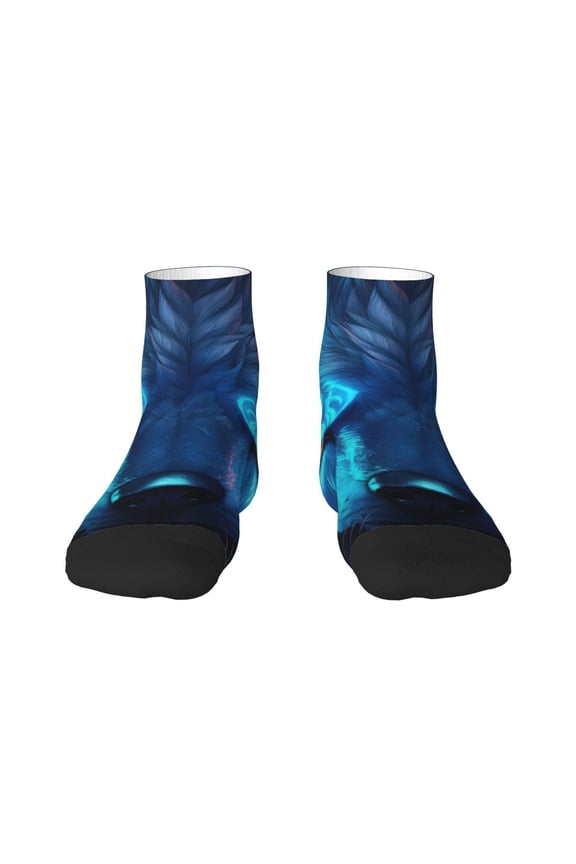 Futuristic Blue Light Wolf Pattern Quarter Crew Socks,Toe Seamed Ankle Socks,Cotton Cushioned Breathable Athletic Crew Sports Socks
