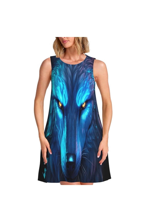 Futuristic Blue Light Wolf Pattern Women’s Sleeveless Dress,Casual Summer Dress,A-line Sleeveless Dress Versatile Summer Dress Stylish Day Dress