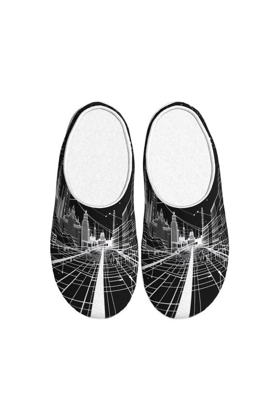 Futuristic Moonlit Cityscape Print Women's Men's Cotton Knit Slippers Lightweight Memory Foam Indoor House Shoes with Anti-Skid Sole-35/36