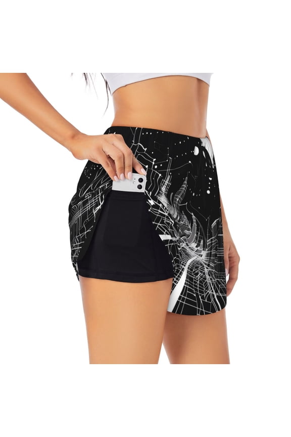 Futuristic Moonlit Cityscape Printed 2 in 1 Women's Workout Shorts for Athletic Gym Running Shorts with Phone Pockets-