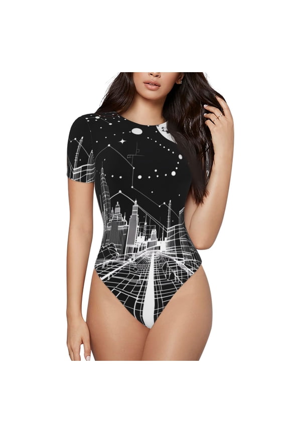 Futuristic Moonlit Cityscape Printed Women Rash Guard Short Sleeve,Tummy control Swimsuit Surfing Swimsuit Bathing Suit Short-sleeved Onesie UPF 50+ -