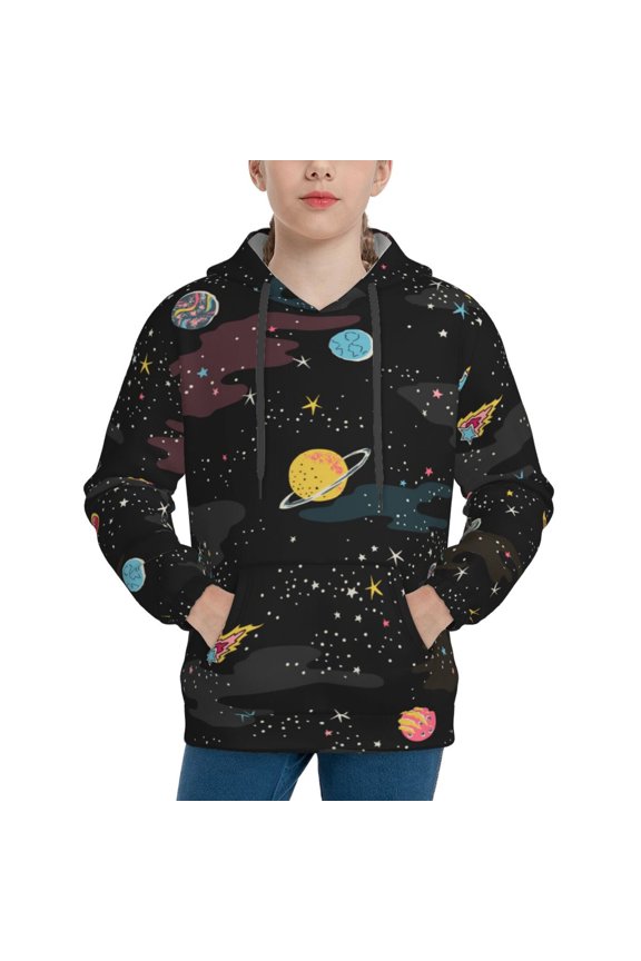 Galaxy Pattern Boys Hoodie, Youth Pullover Hooded Sweatshirt, Kangaroo Pocket Hoodie for Kids-Large