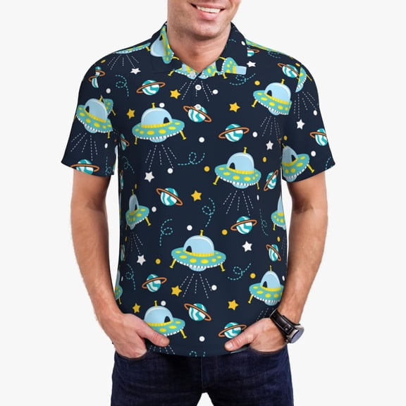 Rateoe Galaxy With Ufo Pattern Men's Short Sleeve Polo Shirts, Golf Polo Shirts Short Sleeve Performance Moisture Wicking Dry-Small