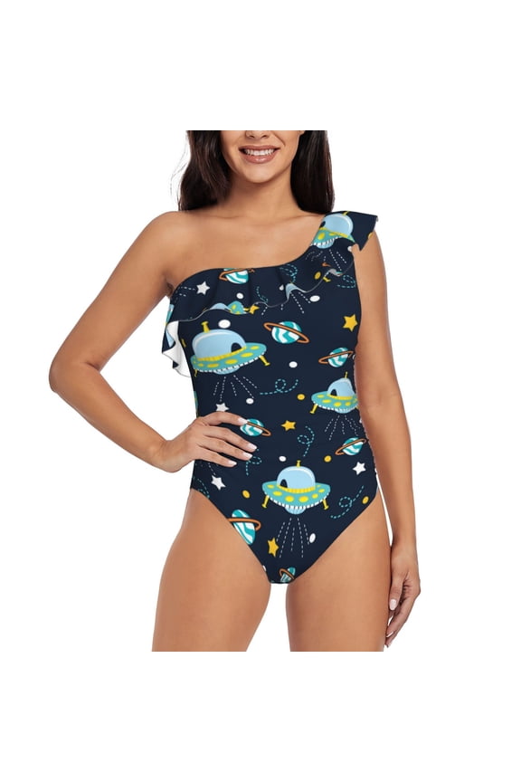 Galaxy With Ufo Pattern Women One Piece Swimsuits Tummy Control One Shoulder Bathing Suits Ruffle Swimwear-XX-Large