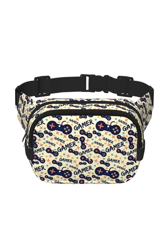 Game Controller Print Fanny Pack Belt Bag for Women and Men, Square Double-Layer Waterproof Waist Pack with Adjustable Strap for Hiking, Jogging, Cycling
