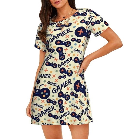 Rateoe Game Controller Print Women’s Nightdress – Cozy Cotton Short-sleeved Sleep Shirt, Loose-Fit Sleepwear, Perfect for Relaxing and Sleeping