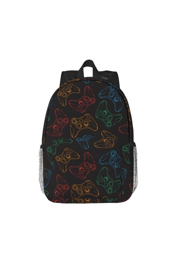 Gamepad Joystick Game Pattern Student Backpack Water-resistant Backpack 15-inch Laptop Backpack Lightweight Adjustable School Backpack
