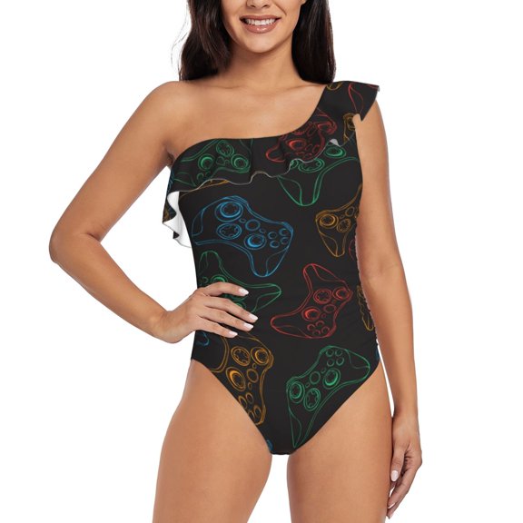 Rateoe Gamepad Joystick Game Pattern Women One Piece Swimsuits Tummy Control One Shoulder Bathing Suits Ruffle Swimwear-Medium