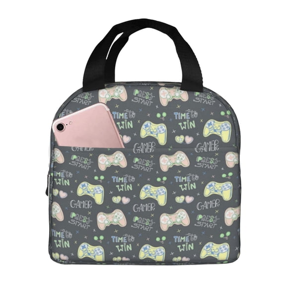 Rateoe Gamers Pattern Insulated Lunch Bag with Thick Aluminum Foil Lunch Tote Bag with Front Pocket for Men and Women, Ideal for Work, School, Picnics, and Travel