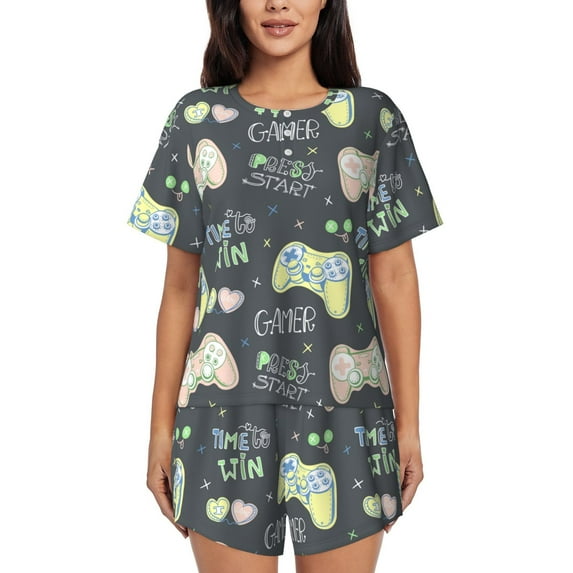 Rateoe Gamers Pattern Women's Short-Sleeved Pajama Set - 2 Piece Soft and Lightweight Sleepwear Set-Small