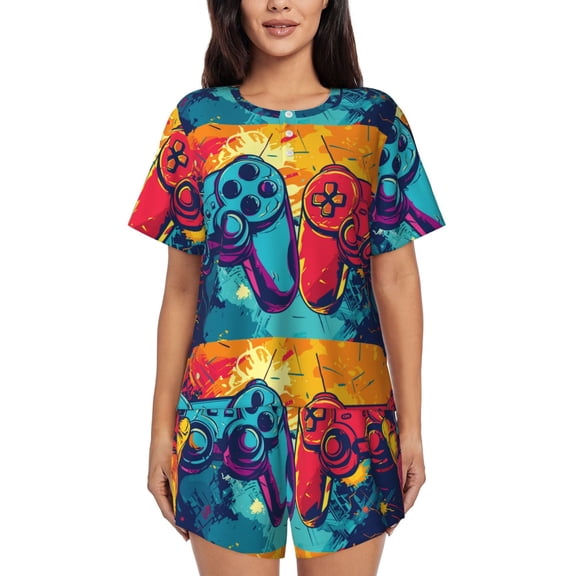 Rateoe Gaming Pattern Women's Short-Sleeved Pajama Set - 2 Piece Soft and Lightweight Sleepwear Set-Small