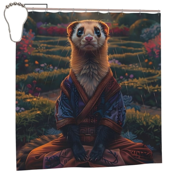 Rateoe Garden Meditating Weasel Shower Curtain - Fancy Bathroom Shower Curtain Sets - Waterproof Shower Curtain with Hooks with 12 Plastic Hooks 72x72 Inches