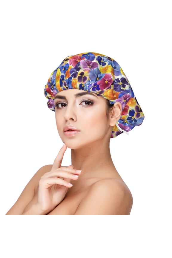 The Garden Tricolor Pansy Flower Pattern Silk Satin Hair Bonnet for Sleeping, Adjustable Sleep Cap Turban for Women , Curly Straight Hair Long Large Braid