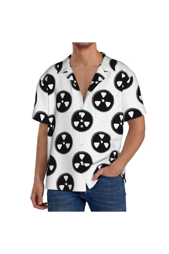 Gear Tools Pattern Men's Short Sleeve Classic Shirt, Casual Short-Sleeved Shirt, Lightweight Summer Shirt, Cuban Collar Shirt,Button-Front Shirt-Large