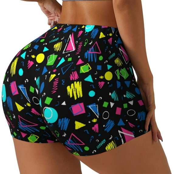 Rateoe Geometric 1980s Styled Printed Power Workout Shorts for Women Tummy Control Squat Proof Ribbed Thick Seamless Scrunch Active Short-Medium