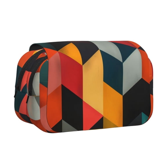 Rateoe Geometric Cube Pattern Art Pattern Double Clamshell Pen Case, Storage Organizer with Two Zipper Compartments– Holds Up to 50 Pencils & Pens