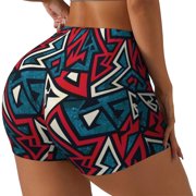 Rateoe Geometric Elements Printed Power Workout Shorts for Women Tummy Control Squat Proof Ribbed Thick Seamless Scrunch Active Short-Large