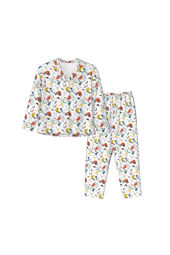 Geometric Retro Pattern Womens Pajamas Set Long Sleeve Sleepwear Button Down Nightwear Soft Cotton Pj Lounge Sets