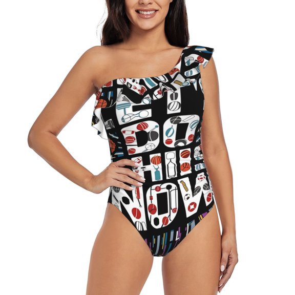 Rateoe Geometric Sports Energetic Burst Pattern Women One Piece Swimsuits Tummy Control One Shoulder Bathing Suits Ruffle Swimwear-X-Large