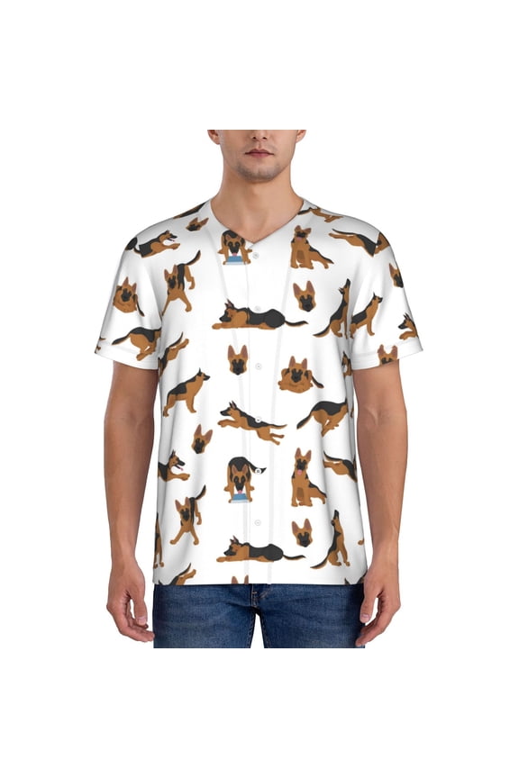 German Shepherd Dog Pattern Men’s Baseball Short Sleeve Polo Shirt, Midweight Men's Shirt Golf Shirt Polo Shirts Quick Dry Short-Large