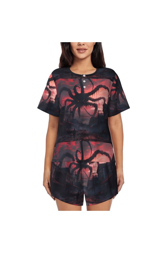 Giant Monster Over City for 2 Piece Short Sleeves Pajama Sets Casual Lounge Sleepwear Ladies Pjs Sets with Pocket-Medium