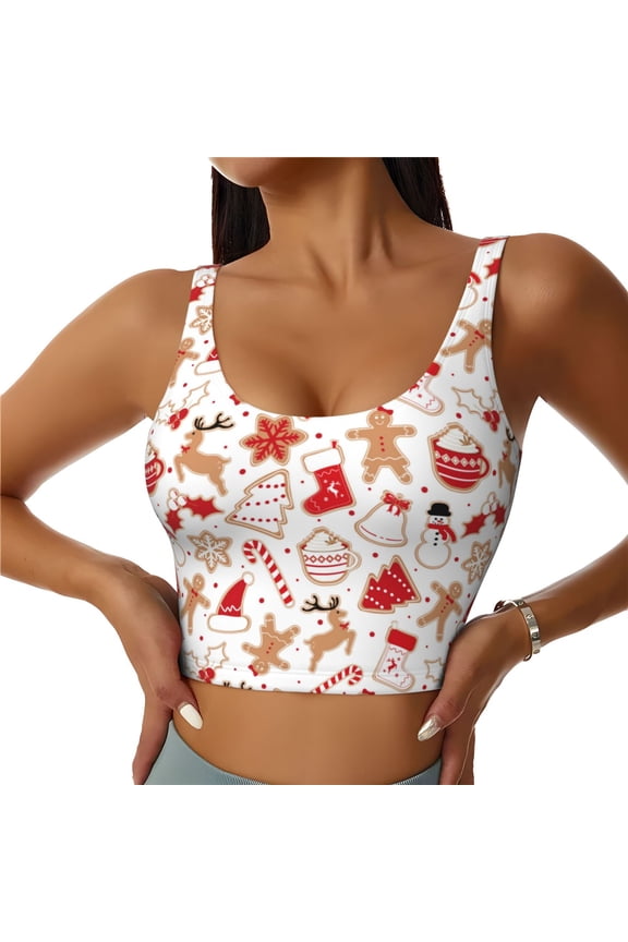 Gingerbread Holiday Sweets Print Womens' Sports Bras Scoop Neck Sports Vest- Padded U Back Seamless High Impact Support-