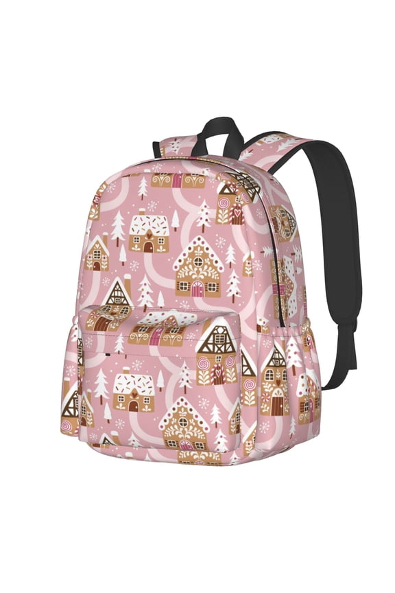 Gingerbread Houses Pink Wonderland Pattern Student Backpack,Backpack for School,Lightweight Bag,Travel Backpack,Outdoor Backpack,Large Capacity Backpack