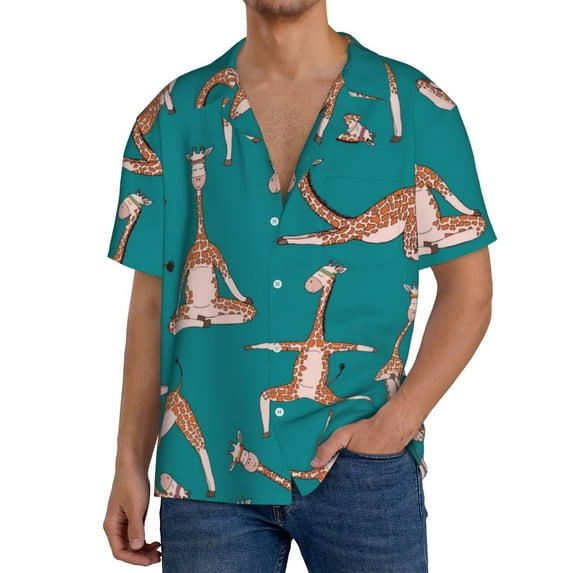 Rateoe Giraffes Doing Various Yoga Pattern Men's Short Sleeve Classic Shirt, Casual Short-Sleeved Shirt, Lightweight Summer Shirt, Cuban Collar Shirt,Button-Front Shirt-4X-Large