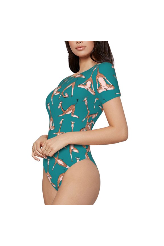 Giraffes Doing Various Yoga Printed Women Rash Guard Short Sleeve,Tummy control Swimsuit Surfing Swimsuit Bathing Suit Short-sleeved Onesie UPF 50+