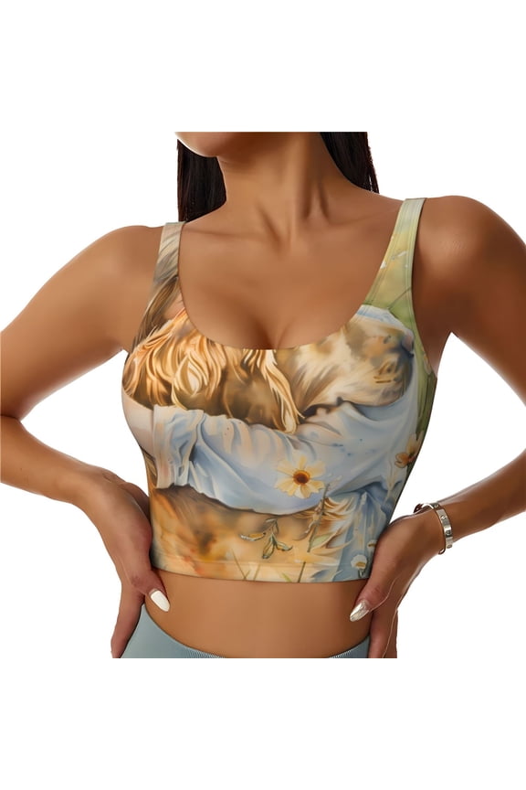 Girl Hugging Dog Flowers Print Womens' Sports Bras Scoop Neck Sports Vest- Padded U Back Seamless High Impact Support-X-Large