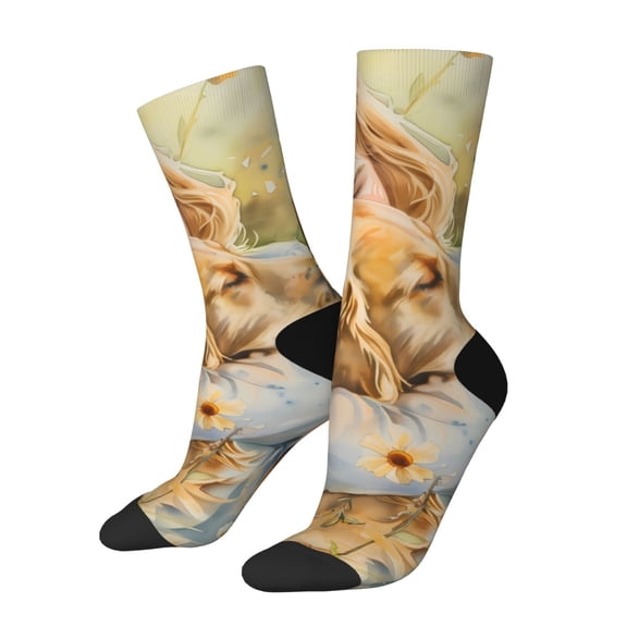Rateoe Girl Hugging Dog Flowers for Women Casual Calf Socks - Cute Crew Socks - Thin Soft Above Ankle Socks Size 5-11