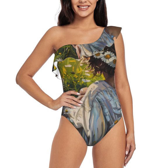 Rateoe Girl In Field Of Daisies Pattern Women One Piece Swimsuits Tummy Control One Shoulder Bathing Suits Ruffle Swimwear-