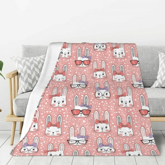 Rateoe Girl Rabbit Pattern Flannel Throw Blanket, Ultra-soft Blanket for Bed, Couch, Car, Hypoallergenic Anti-pilling blanket-60"x50"(Vertical)