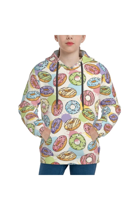 Glazed Donuts Pattern Boys Hoodie, Youth Pullover Hooded Sweatshirt, Kangaroo Pocket Hoodie for Kids-X-Large