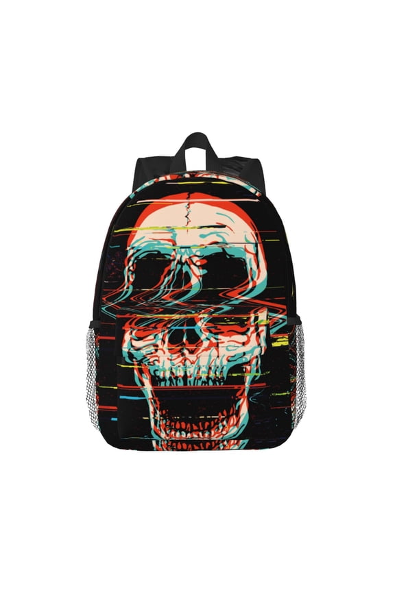 Glitch Screaming Skull Pattern Student Backpack Water-resistant Backpack 15-inch Laptop Backpack Lightweight Adjustable School Backpack