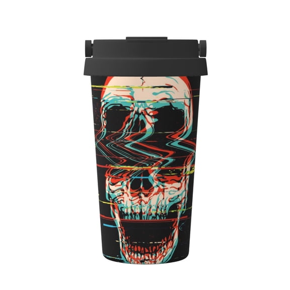 Rateoe Glitch Screaming Skull Pattern Travel Coffee Mug Tumbler with Flip Lid | Reusable Insulated Stainless Steel Cold Brew Iced Coffee Cup Thermos