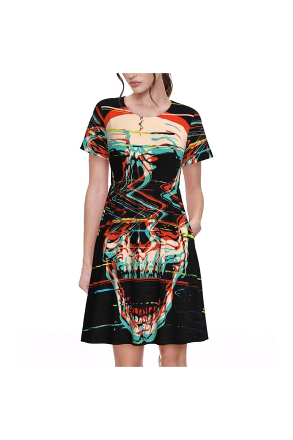 Glitch Screaming Skull Pattern Women’s Short Sleeve Dress – Casual Elegant Summer A-Line Dress for Everyday Wear