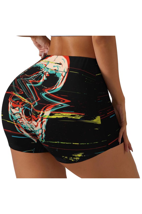 Glitch Screaming Skull Printed Power Workout Shorts for Women Tummy Control Squat Proof Ribbed Thick Seamless Scrunch Active Short-X-Large