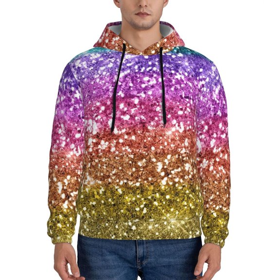 Rateoe Glitter Rainbow Pattern Mens Hoodie, Pullover Hooded Sweatshirt, Kangaroo Pocket Hoodie Ideal for Daily Wear, Travel and Home-Medium