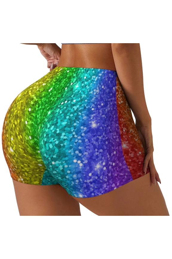 Glitter Rainbow Printed Power Workout Shorts for Women Tummy Control Squat Proof Ribbed Thick Seamless Scrunch Active Short-Medium