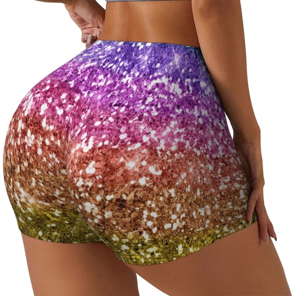 Rateoe Glitter Rainbow Printed Power Workout Shorts for Women Tummy Control Squat Proof Ribbed Thick Seamless Scrunch Active Short-Medium