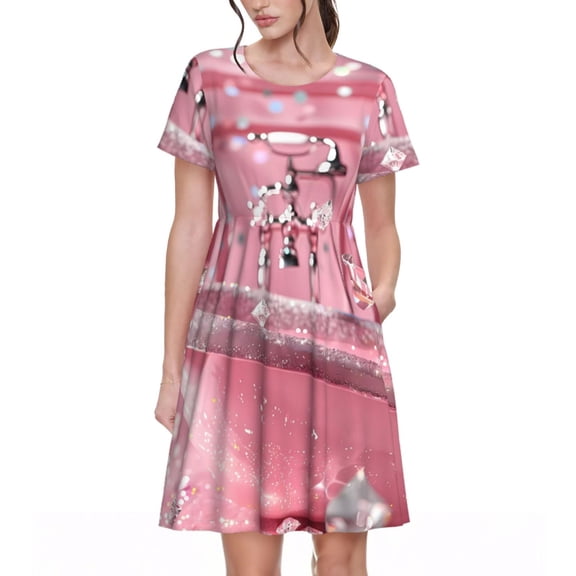 Rateoe Glittering Pink Bathtub Pattern Women’s Short Sleeve Dress – Casual Elegant Summer A-Line Dress for Everyday Wear